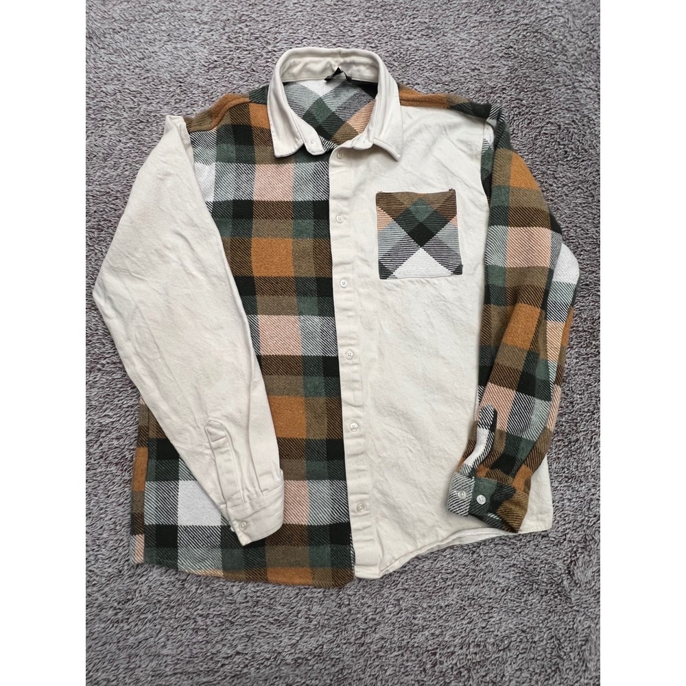 boohooMAN Mens XL Patchwork Plaid Button Up Shirt Cream Green Brown Colorblock
